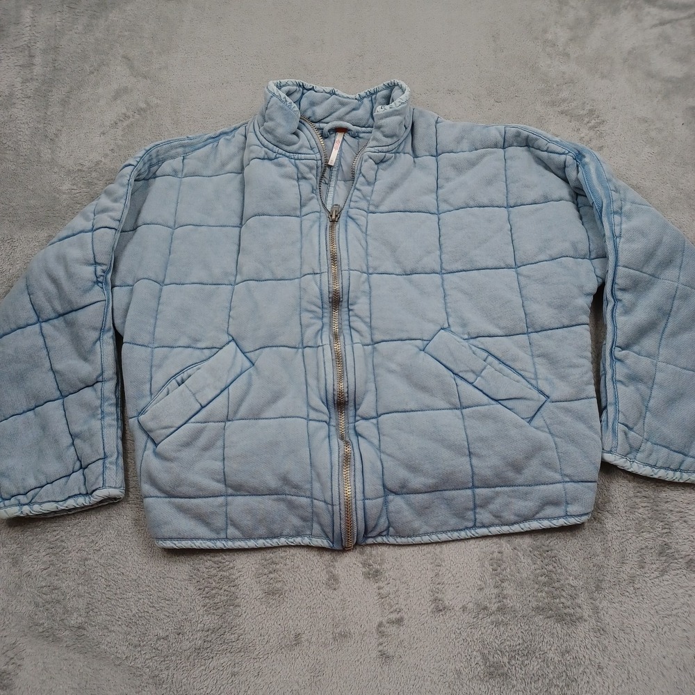 Free People Jacket Womens Small Blue Full ZIp Pockets Cropped Boho Preppy
